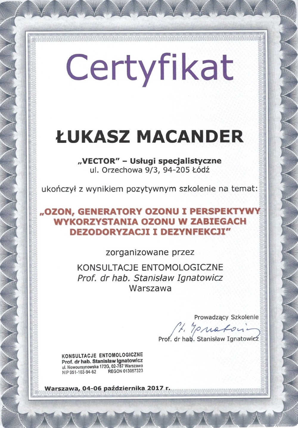 Certyfikat Ozonowanie Vector